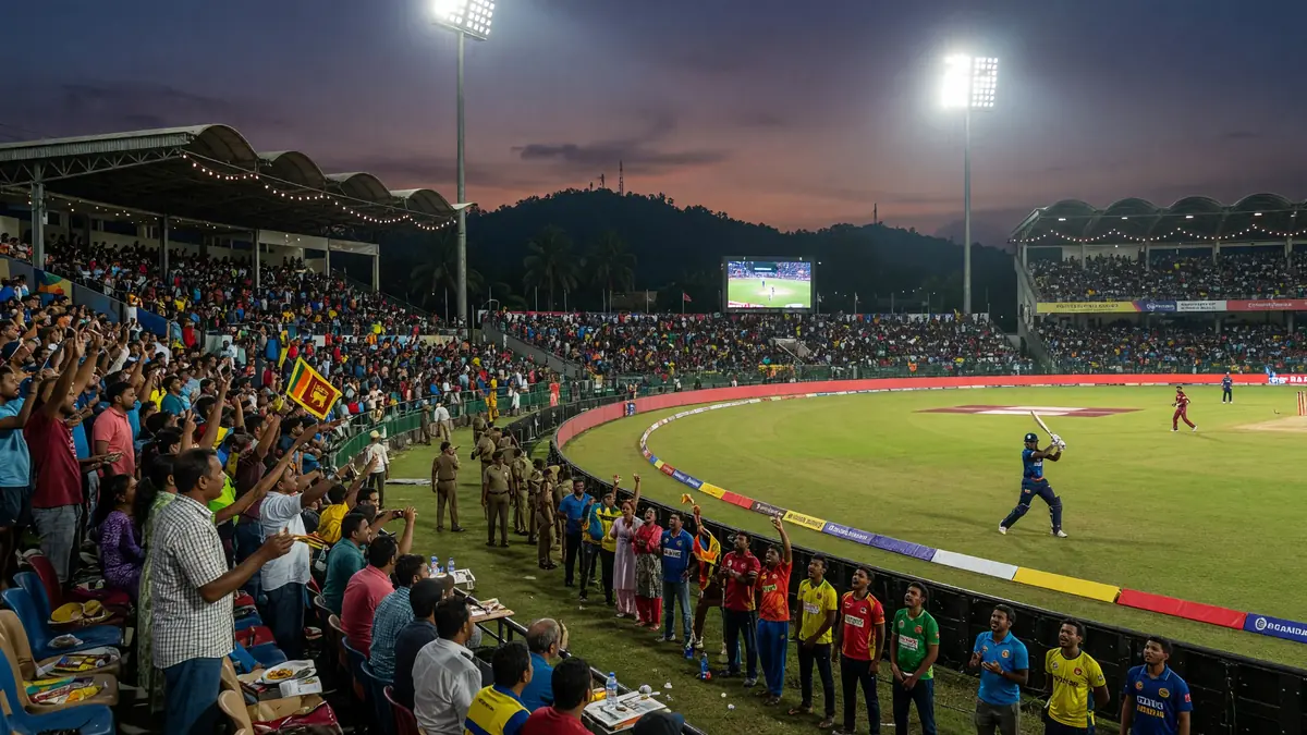 Wide evening view of a packed cricket stadium with floodlights over the outfield