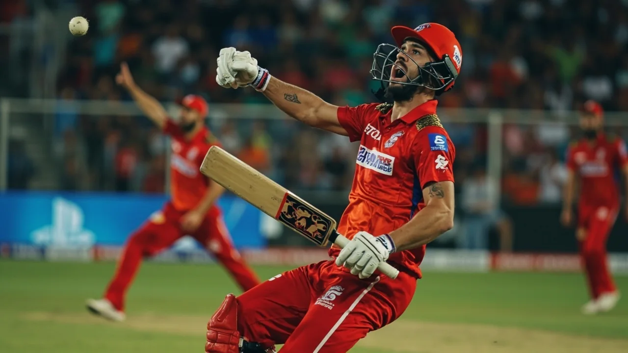 Cricket fielders in catching positions around the bat with bowler and captain walking back to their marks